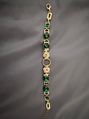 Gold-Toned Panther  Green Crystal Bracelet
